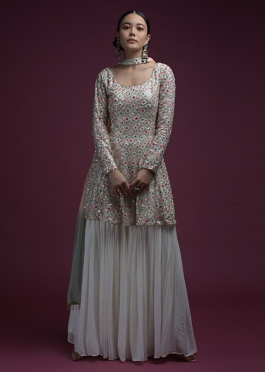 White Sharara Suit In 60 GM Georgette With Fancy Thread Work