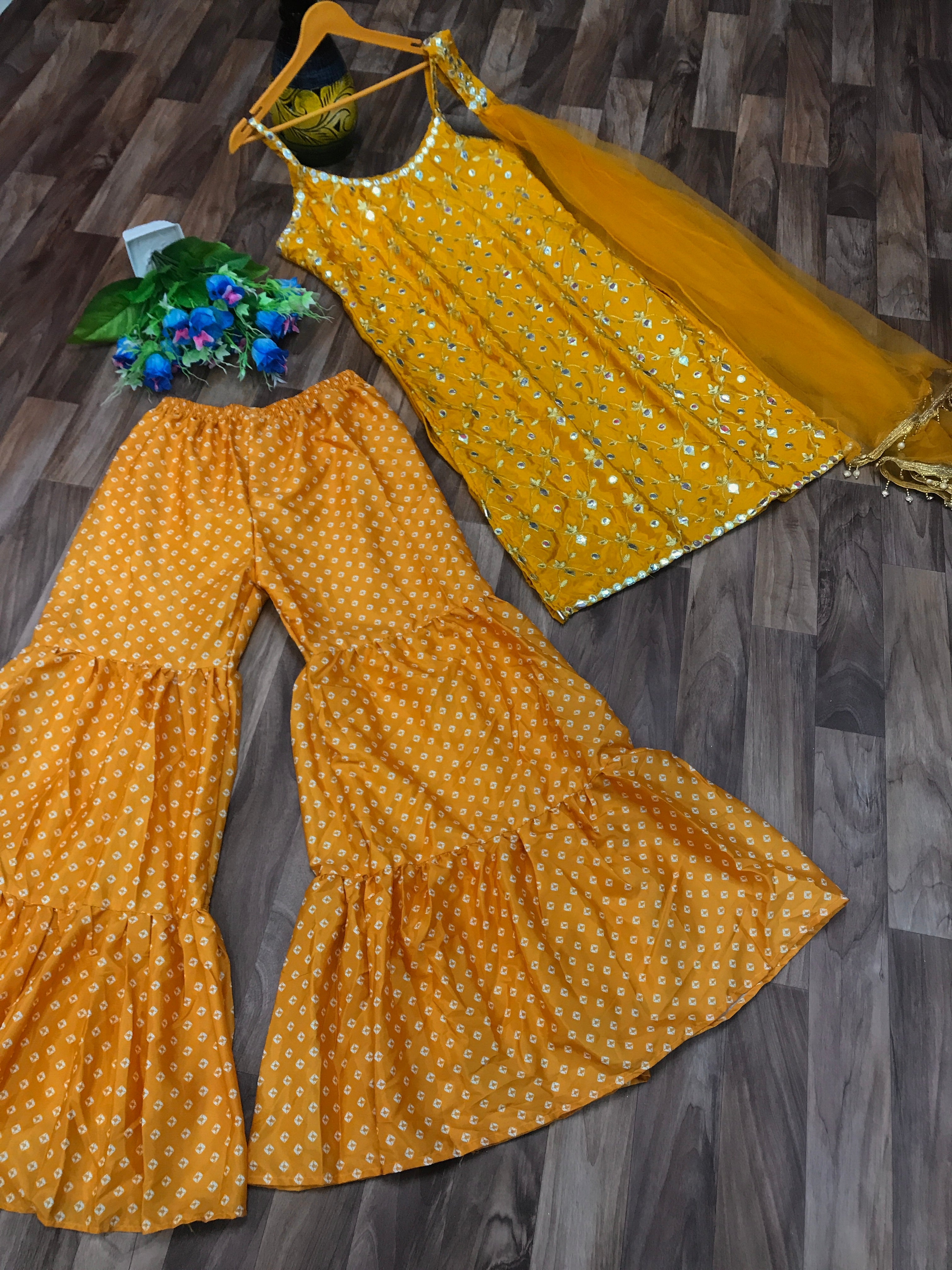 Mustard Yellow Sharara Suit In Georgette Silk With Zari Sequence Work