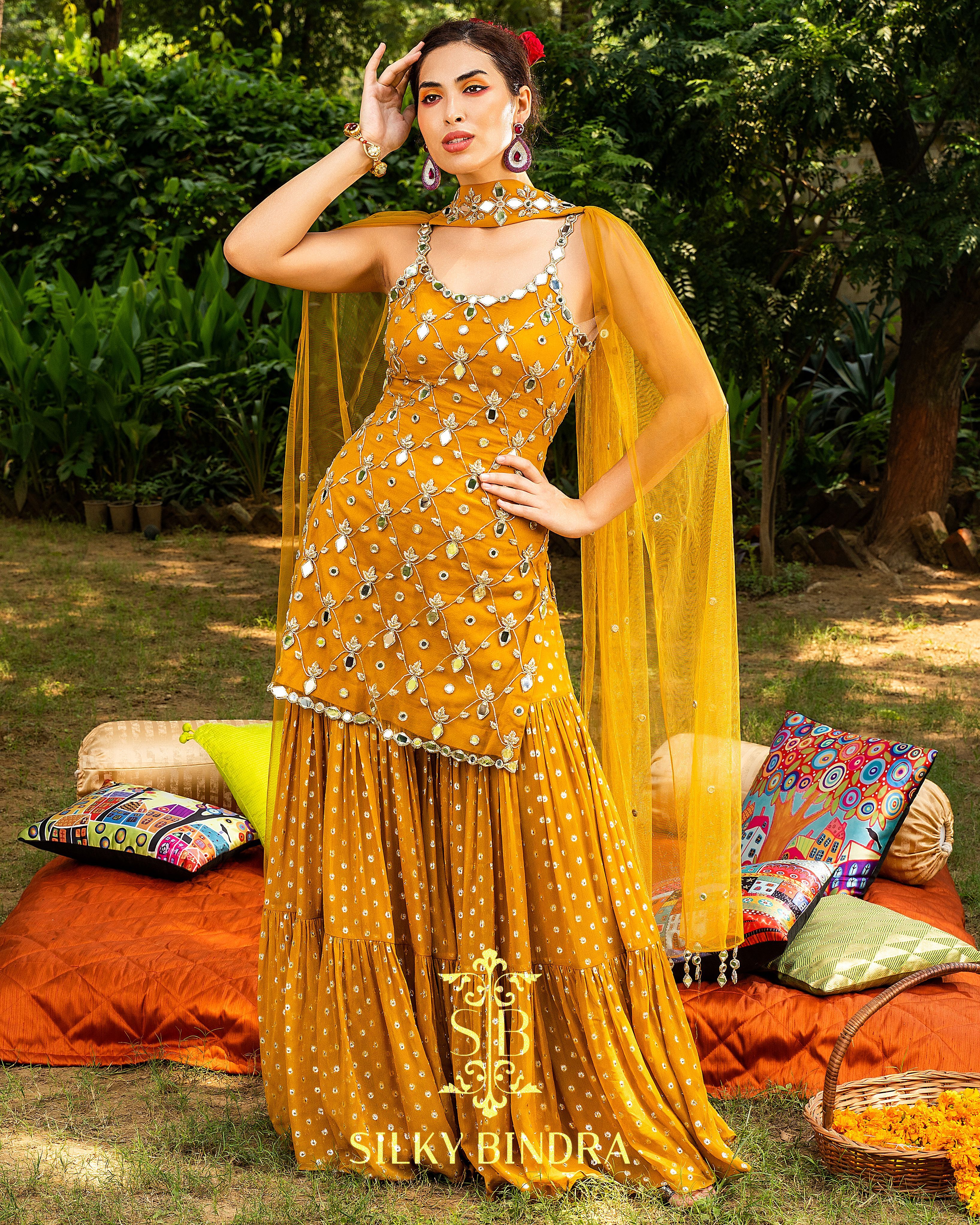 Mustard Yellow Sharara Suit In Georgette Silk With Zari Sequence Work