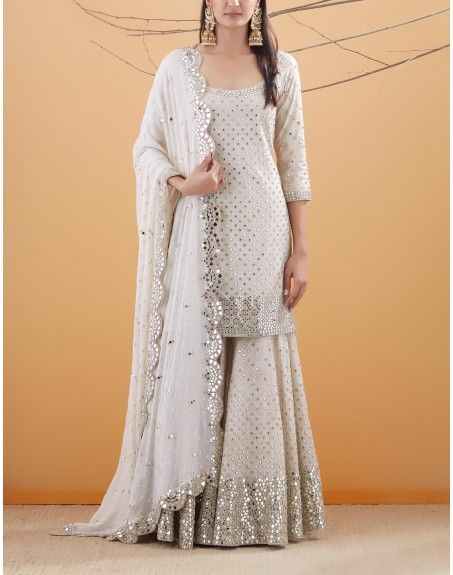White Palazzo Suit In Georgette Silk With Embroidery Paper Mirror Work
