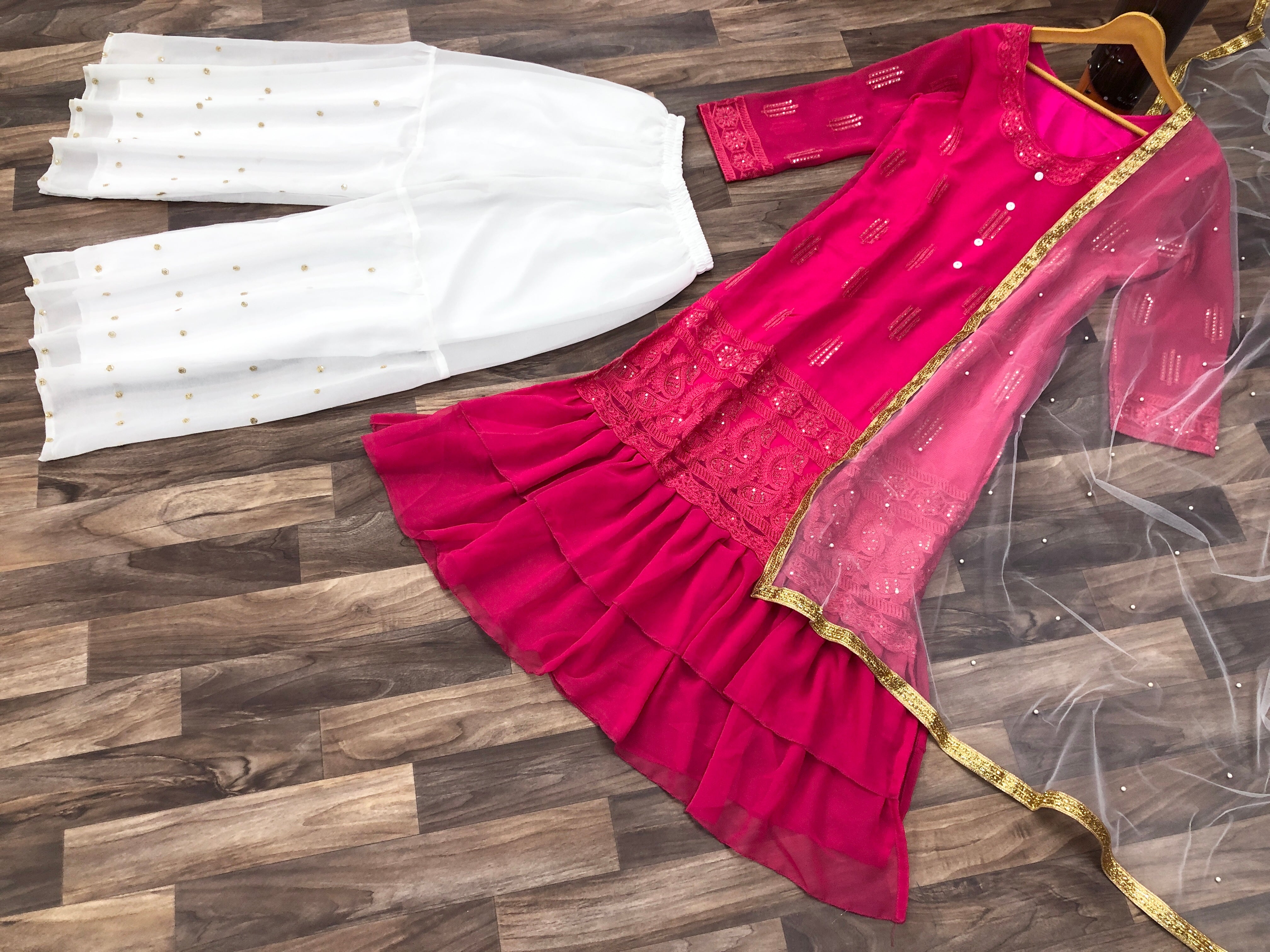 Rani Pink Salwar Suit In Georgette Silk With Chikankari Embroidery Work