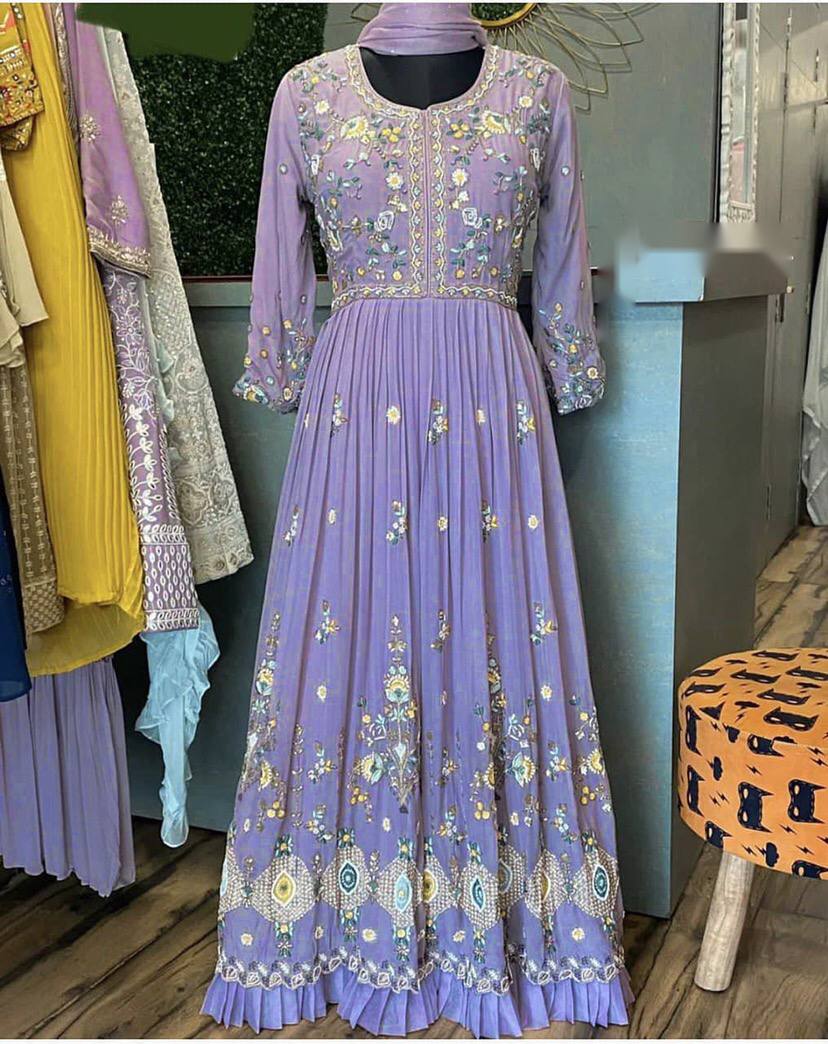 Lavender Gown In Fox Georgette With Embroidery Work