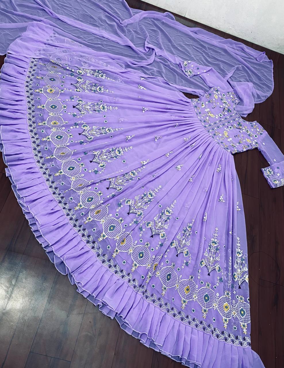 Lavender Gown In Fox Georgette With Embroidery Work