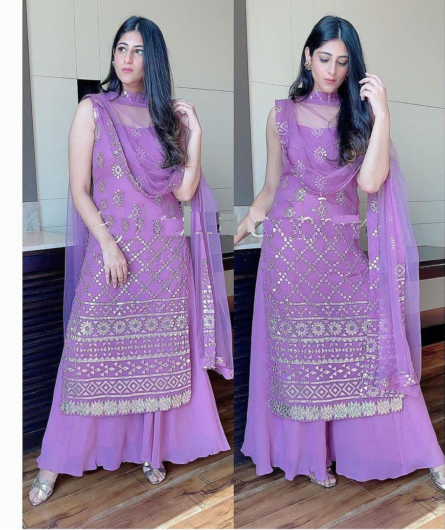 Lavender Sharara Suit In Fox Georgette Silk With Thread Work