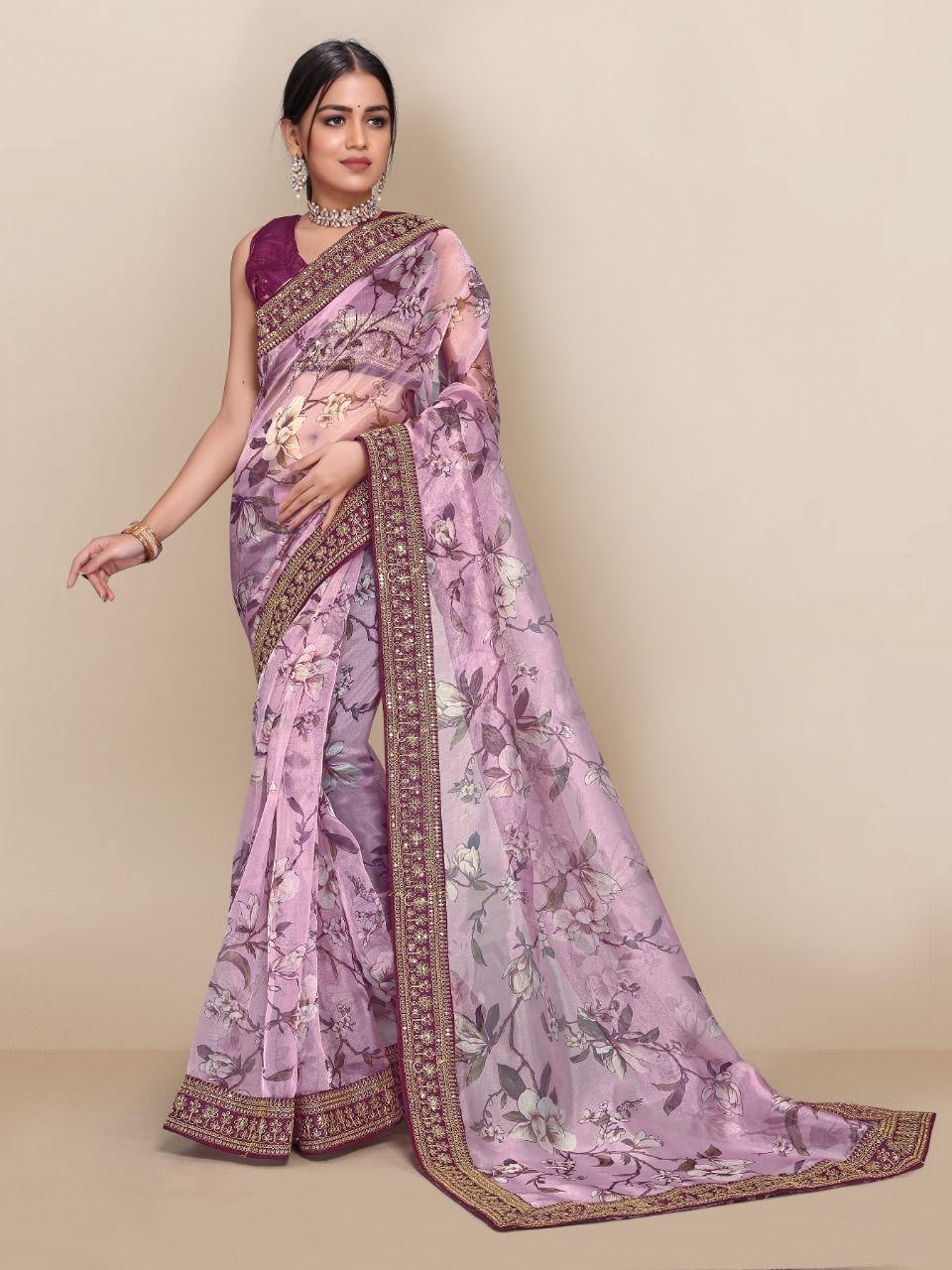 Lavender Saree In Organza Silk With Digital Print