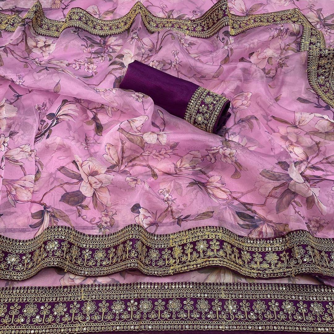 Lavender Saree In Organza Silk With Digital Print