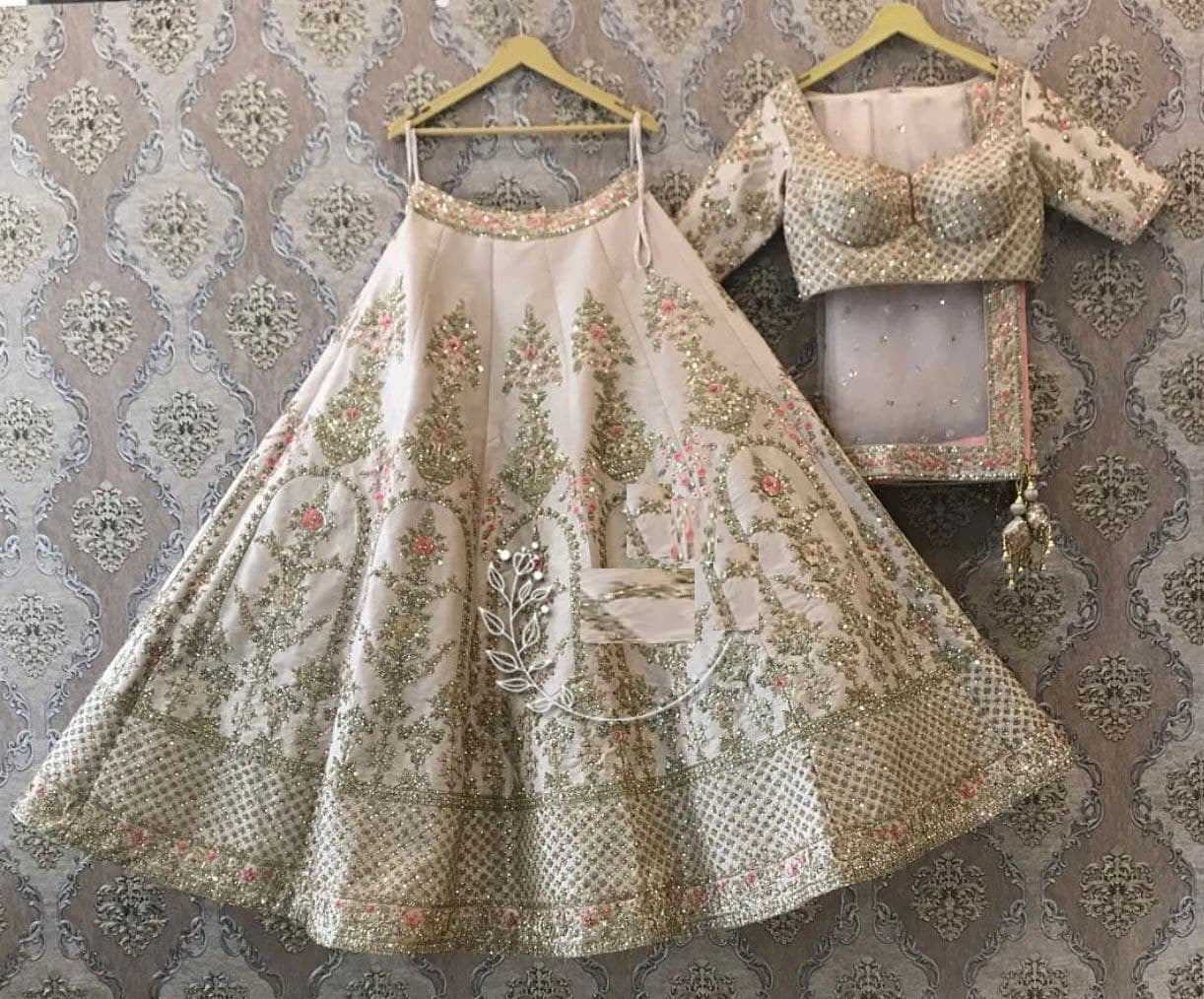 Cream Lehenga Choli In Heavy Malai Silk With Cording Embroidery Work Bridal