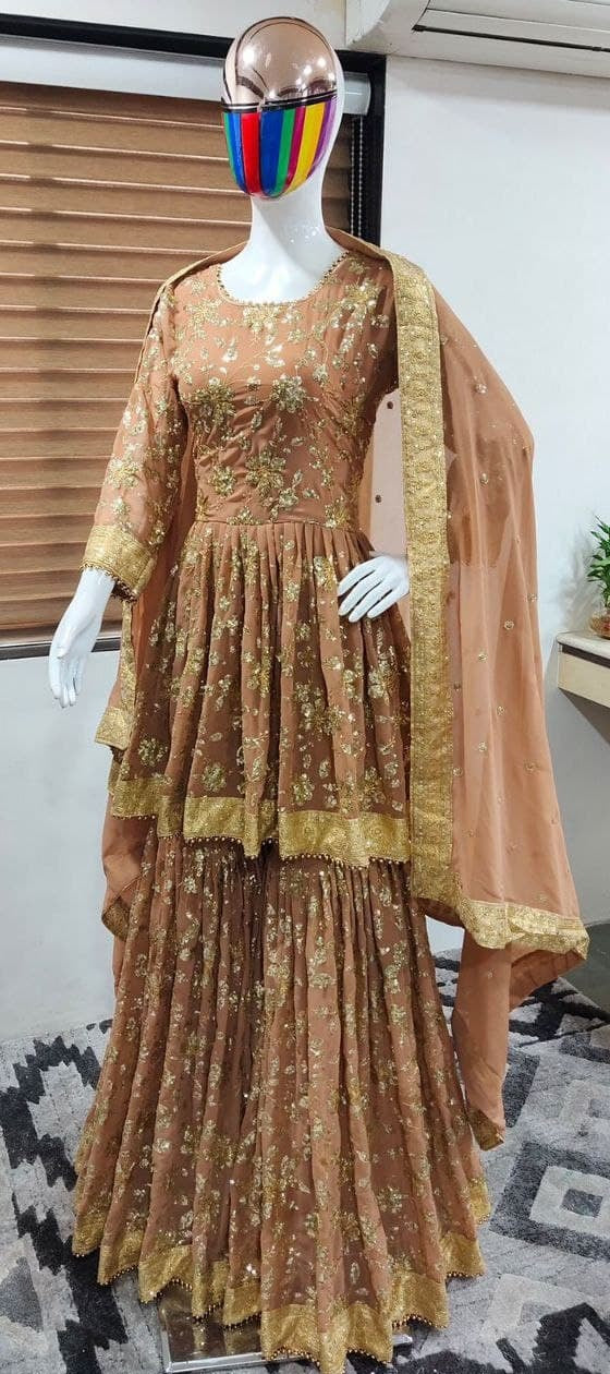 Light Brown Sharara Suit In Fox Georgette With Embroidery Work