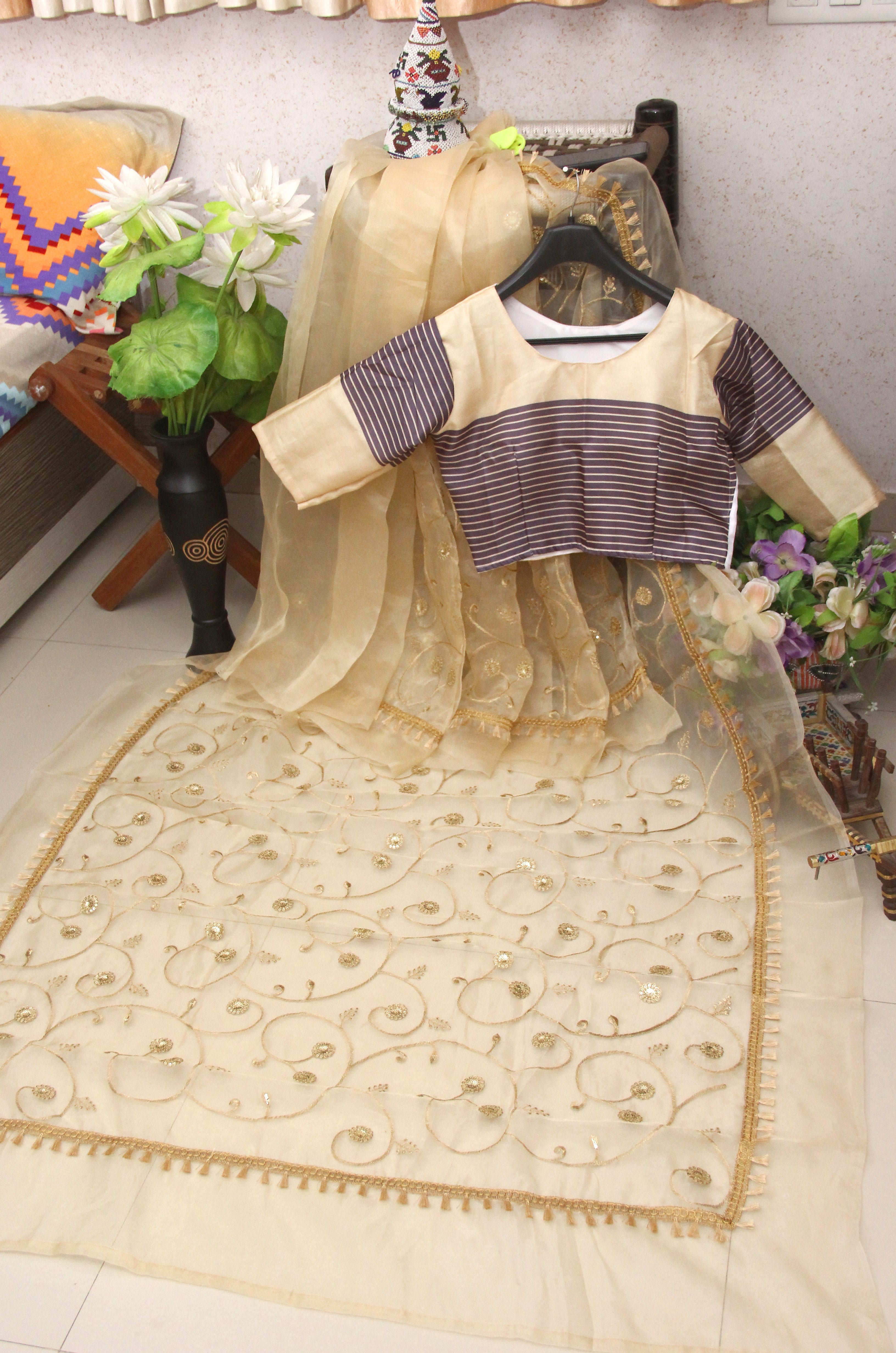 Light Brown Saree In Organza Silk With Thread Work