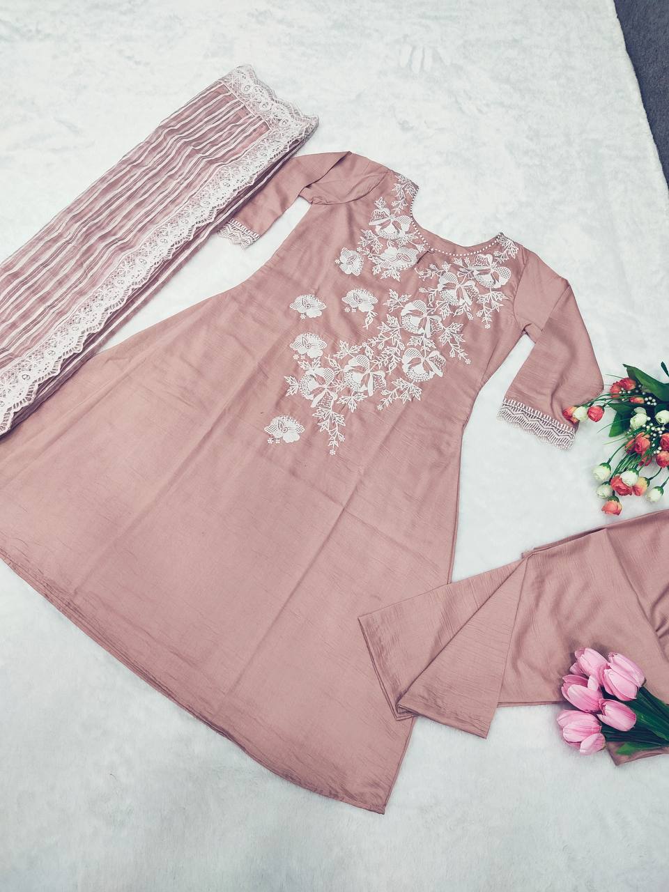 Light Brown Salwar Suit In Soft Maska Cotton SilkWith  Embroidery Work