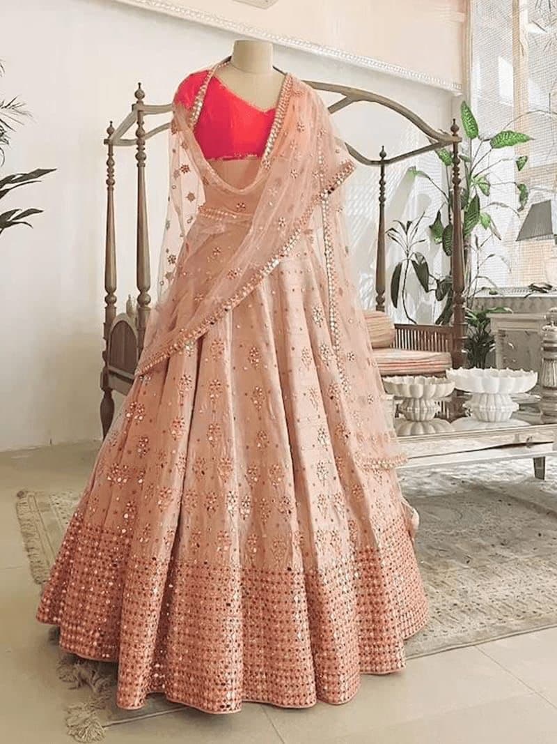 Light Cream Lehenga Choli In Satin Silk With Heavy Embroidery Sequence Work