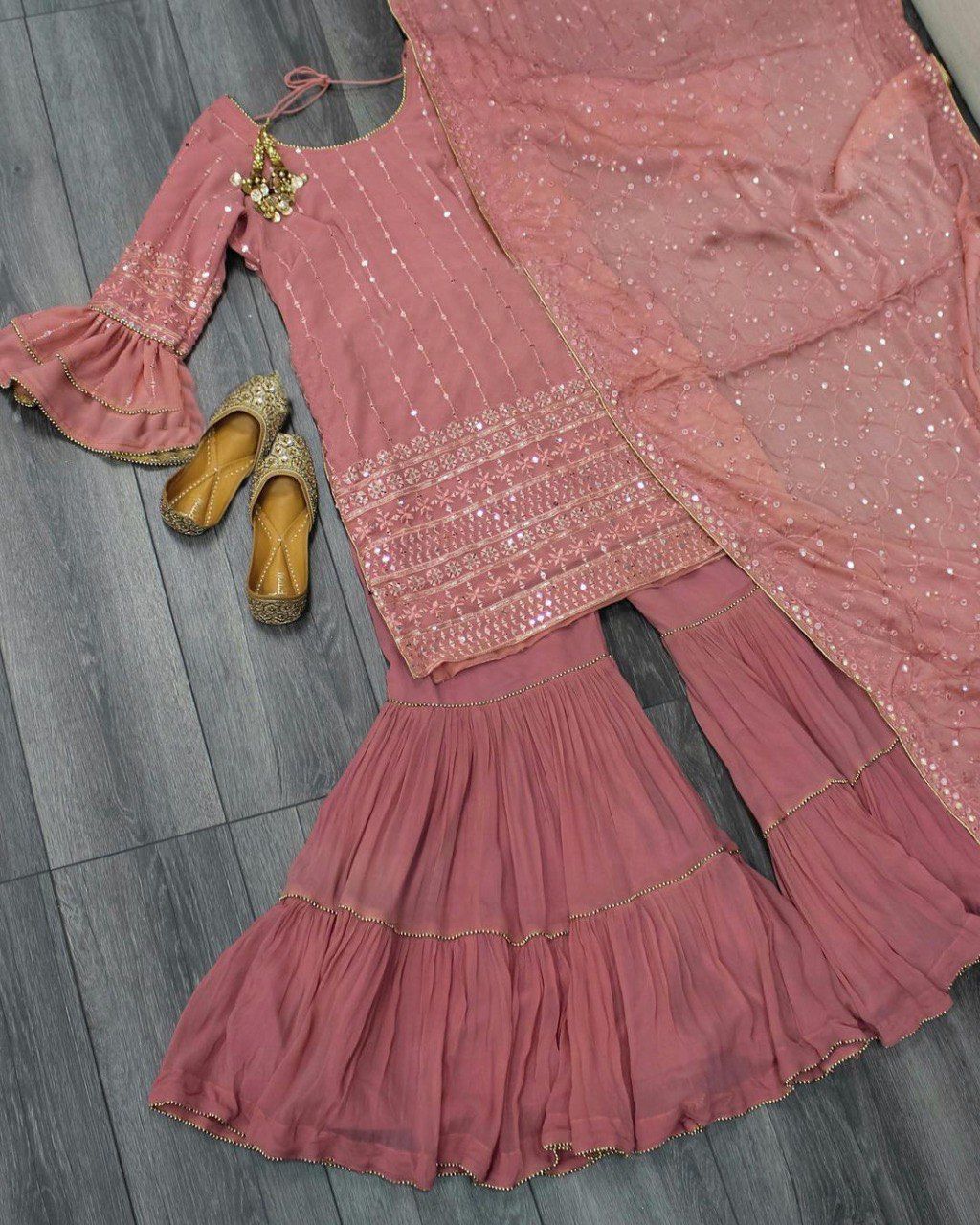 Light Gajri Sharara Suit In Georgette Silk With 9 MM Sequence Work