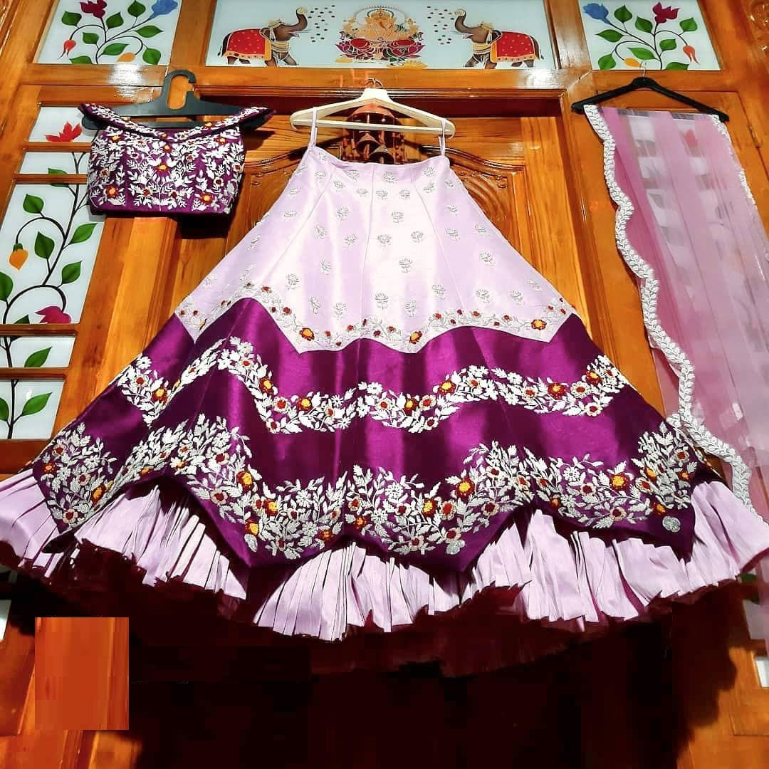 Light Magenta Lehenga Choli In Malai Satin Silk With Multi Embroidery Work