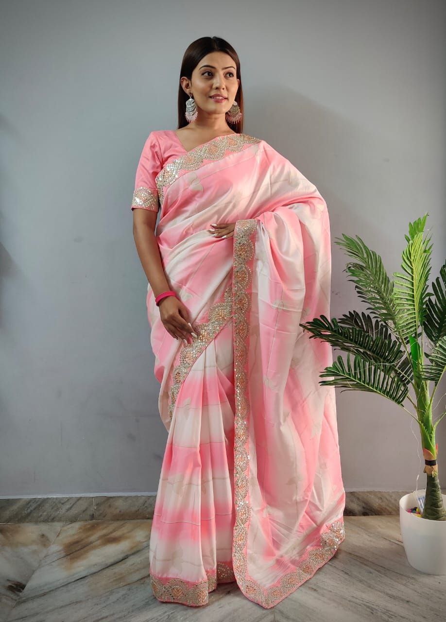 Light Pink Digital Print Vichitra Heavy Sequence Embroidery Work Saree