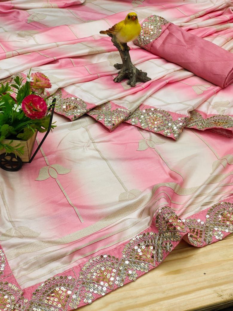 Light Pink Digital Print Vichitra Heavy Sequence Embroidery Work Saree