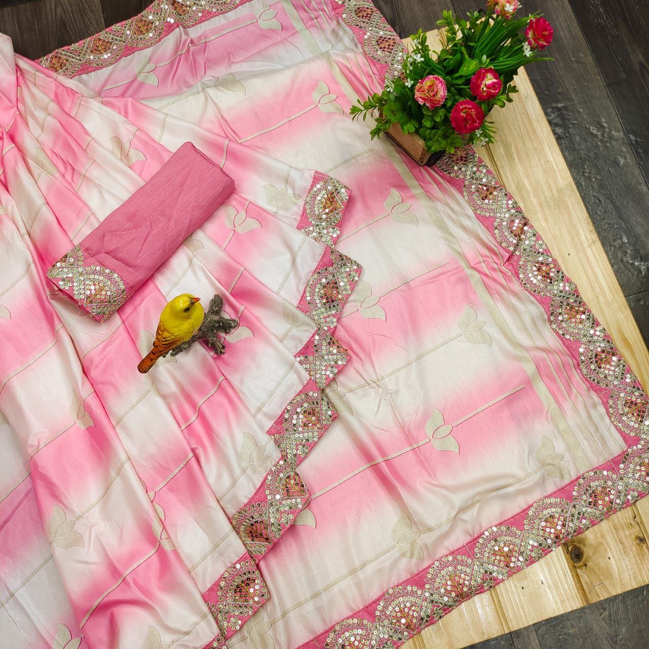 Light Pink Digital Print Vichitra Heavy Sequence Embroidery Work Saree