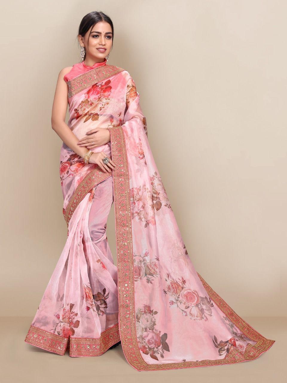 Light Pink Saree In Organza Silk With Digital Print