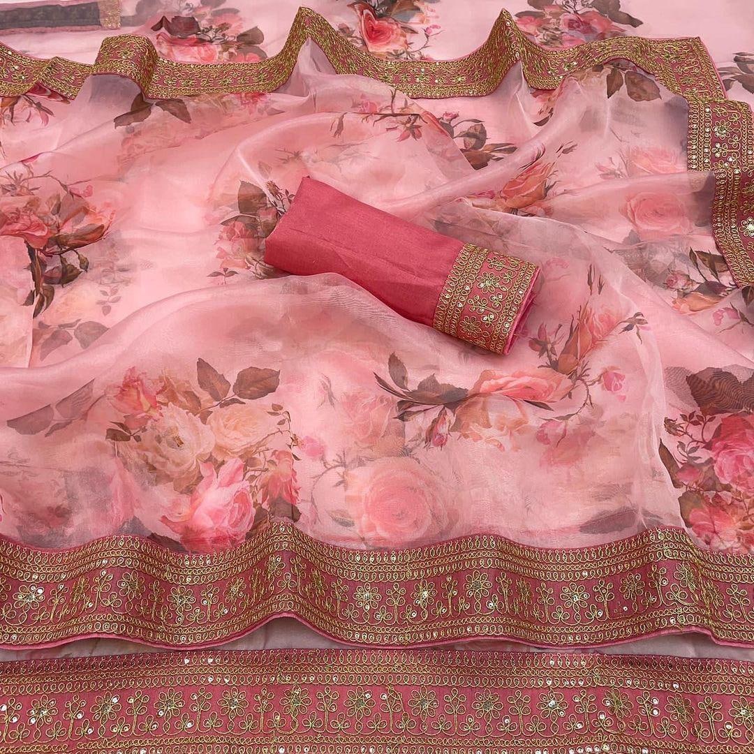 Light Pink Saree In Organza Silk With Digital Print