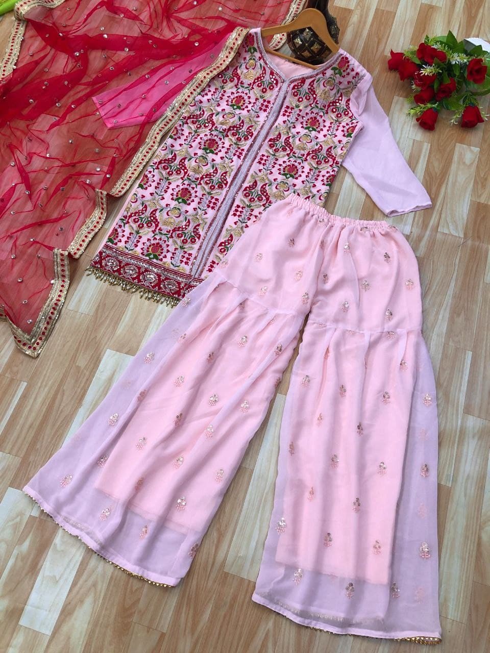 Light Pink Salwar Suit In Heavy Faux Georgette With Embroidery Work
