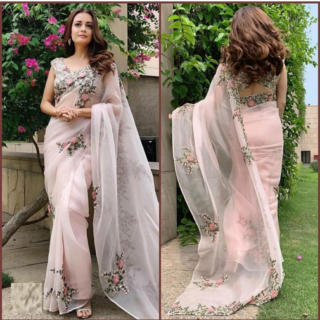 Light Pink Saree In Organza Silk With Fancy Thread Work