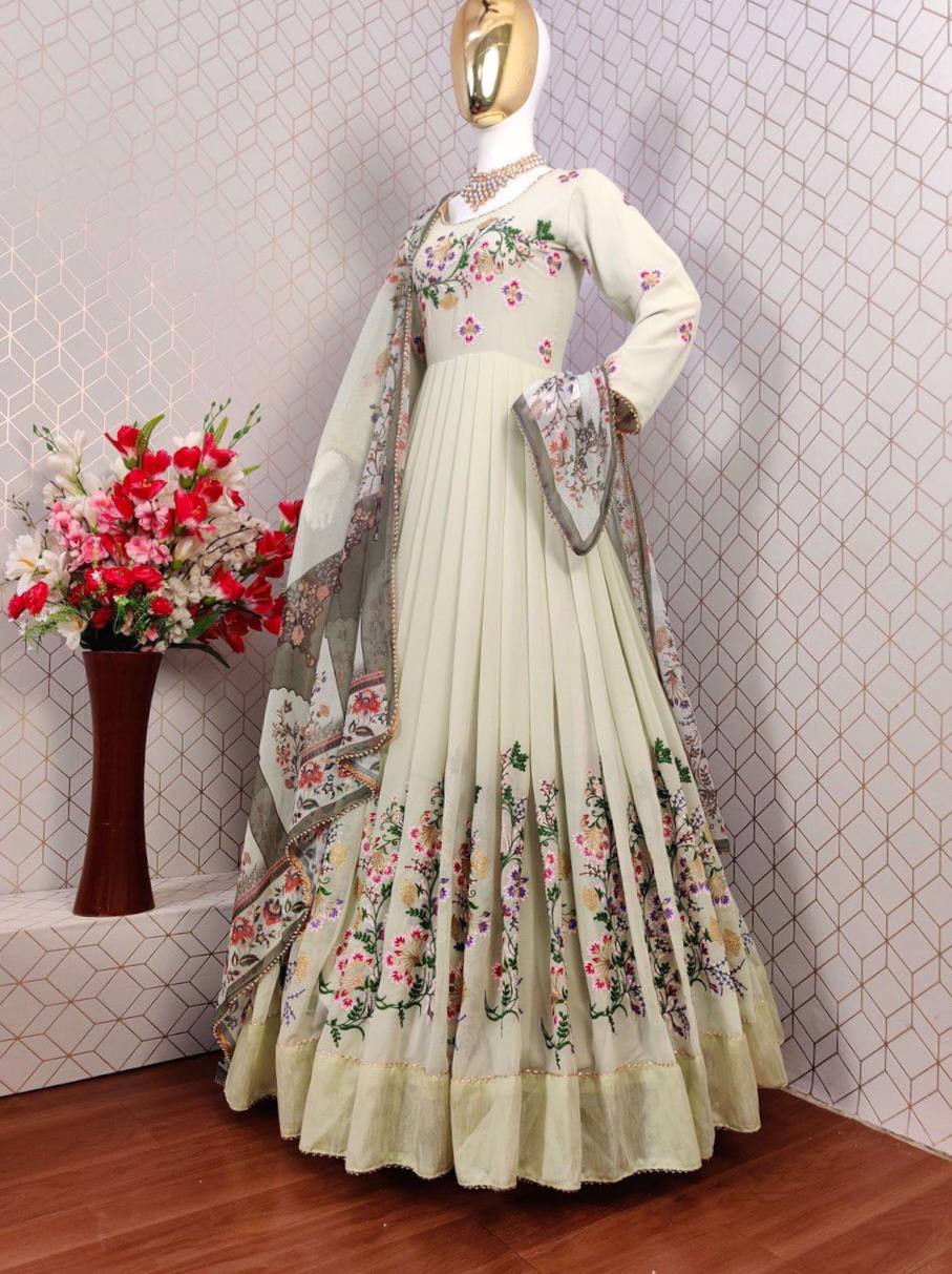 Light Pista Anarkali Suit In Fox Georgette With Embroidery Work