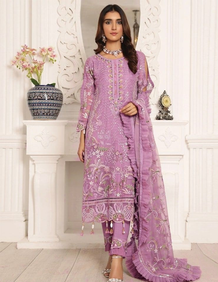 Light Purple Salwar Suit In Butterfly Mono Net With Embroidery Work