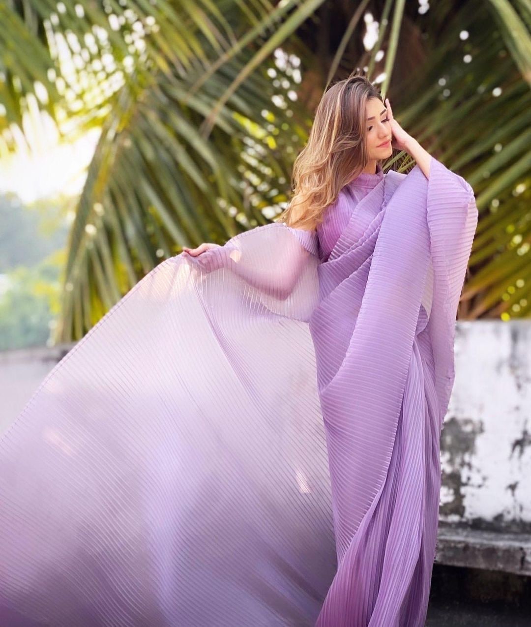 Light Purple Saree In Georgette Silk With Pleated