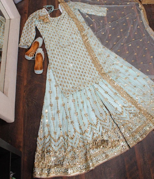 Light Sky Salwar Suit In Faux Georgette With 9 MM Sequence Work