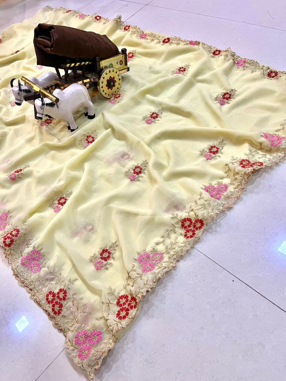 Light Yellow Saree In Georgette Silk With Embroidery Cut Work