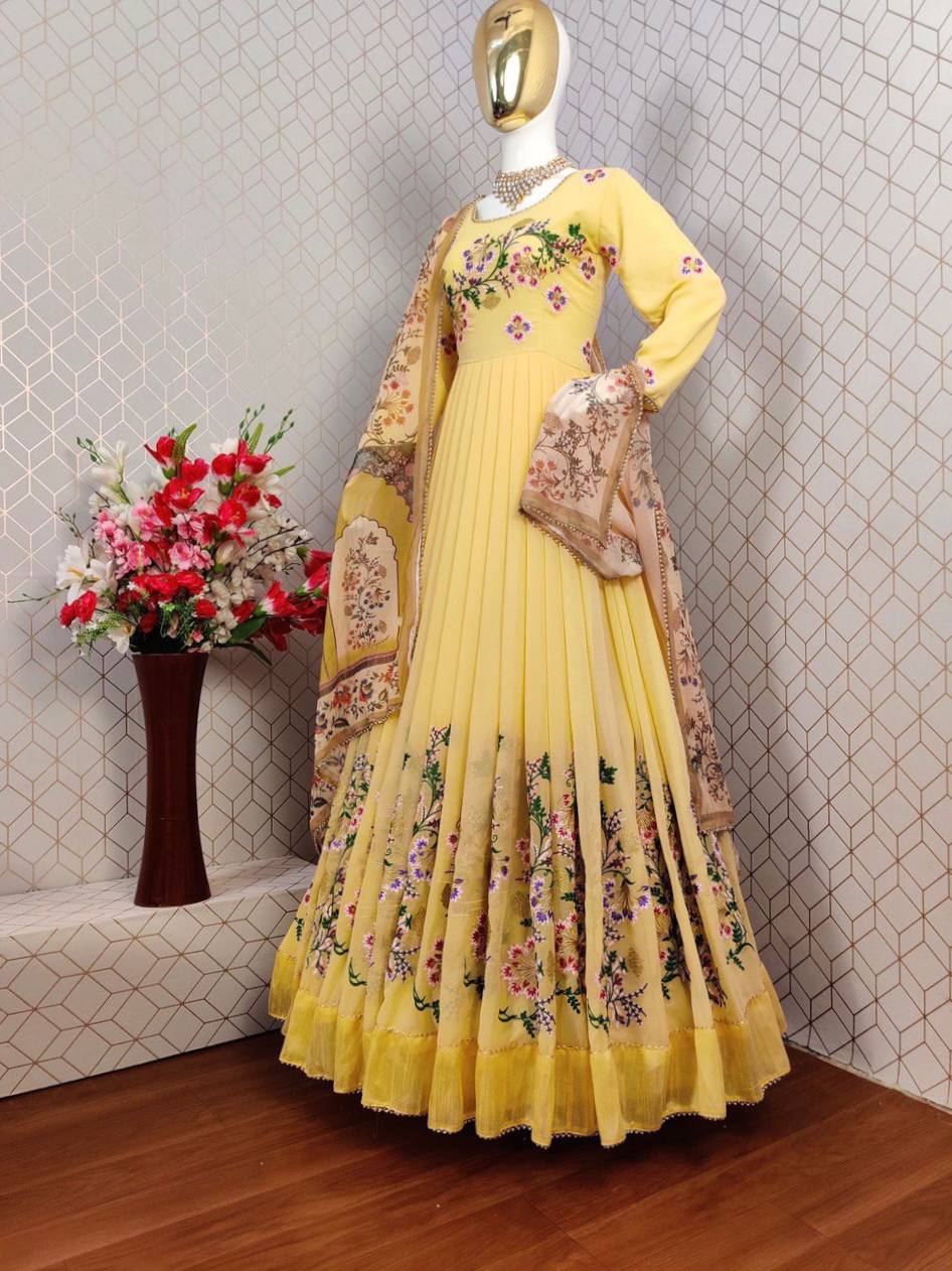 Yellow Anarkali Suit In Fox Georgette With Embroidery Work