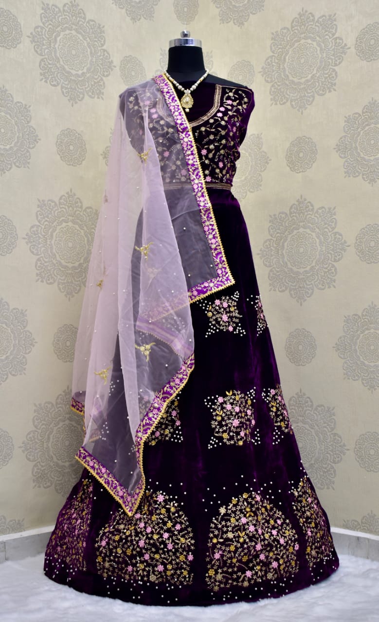 Wine Lehenga Choli In Velvet With Embroidery Work