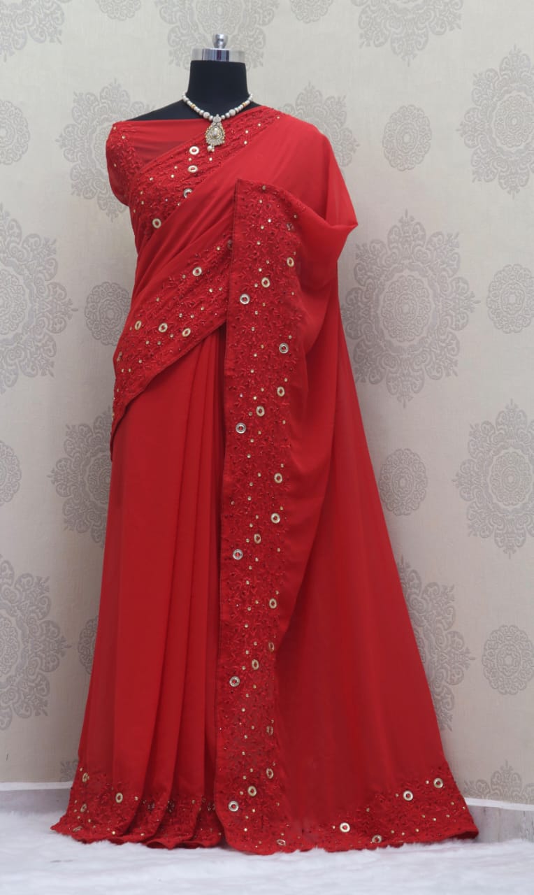 Red Saree In Georgette Silk With Embroidery Work