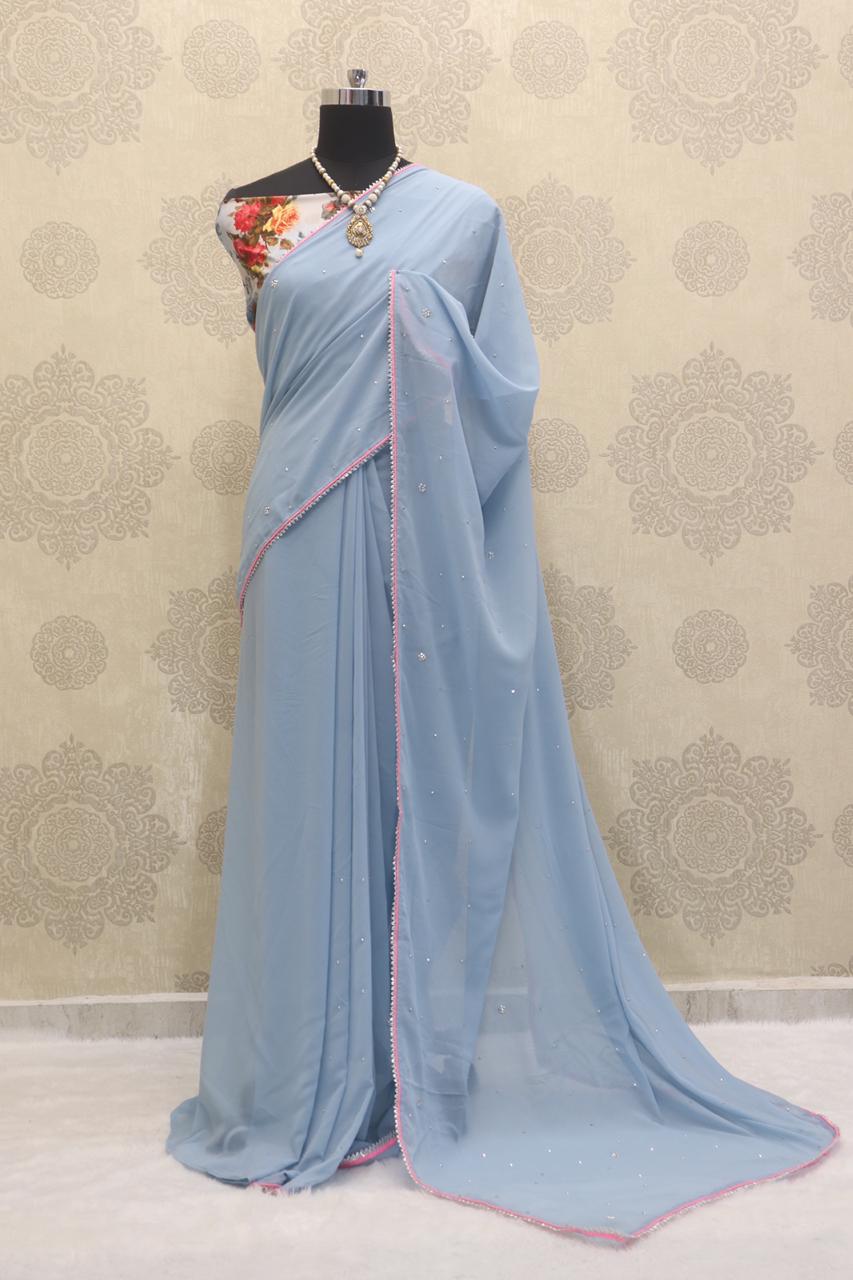 Sky Blue Saree In Georgette Silk With Hand Work