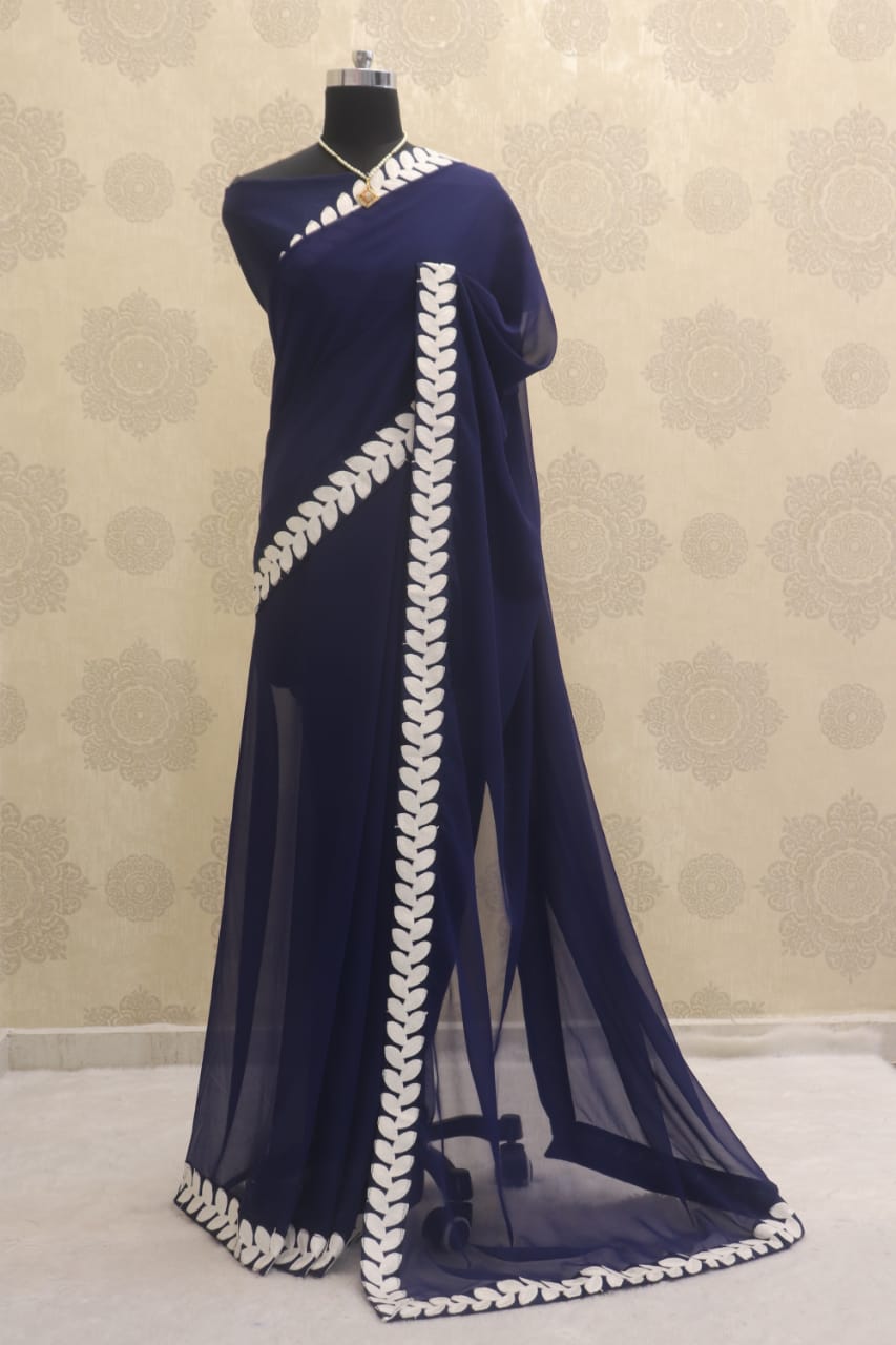 Navy Blue Saree In Georgette Silk With Fancy Lace Work