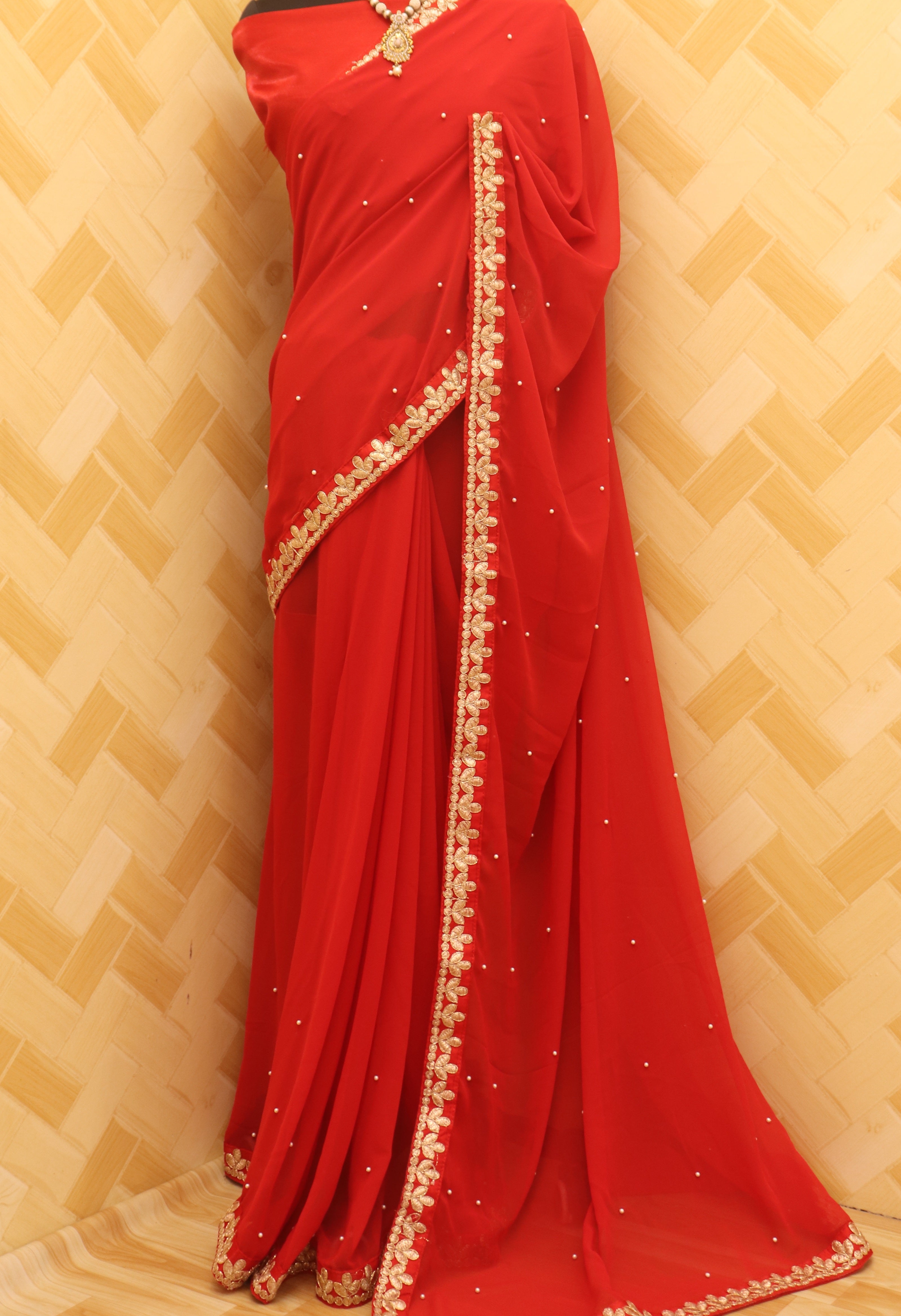 Red Saree In Georgette Silk With Embroidery Work