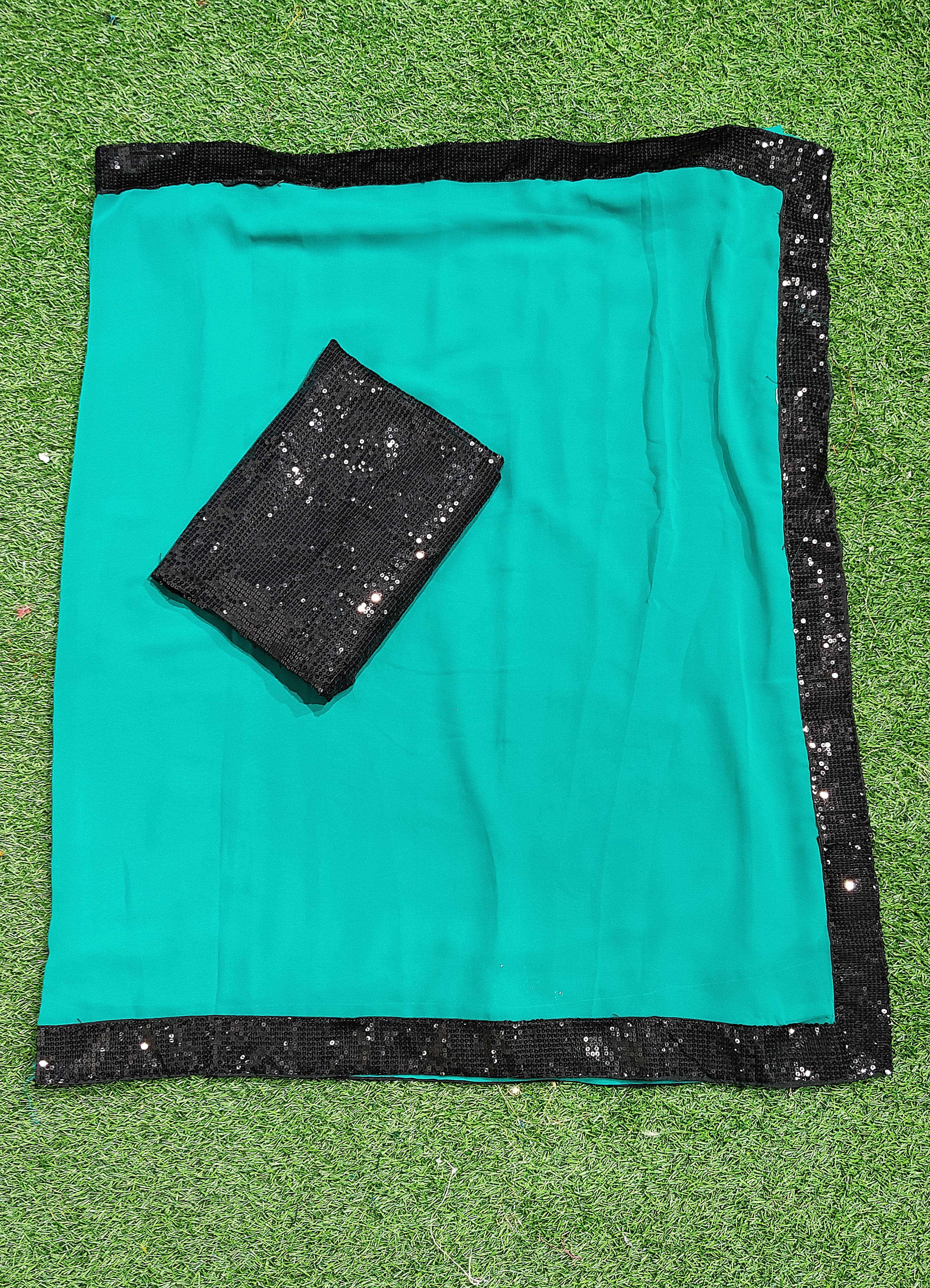 Green Blue Saree In Georgette Silk With Sequence Work