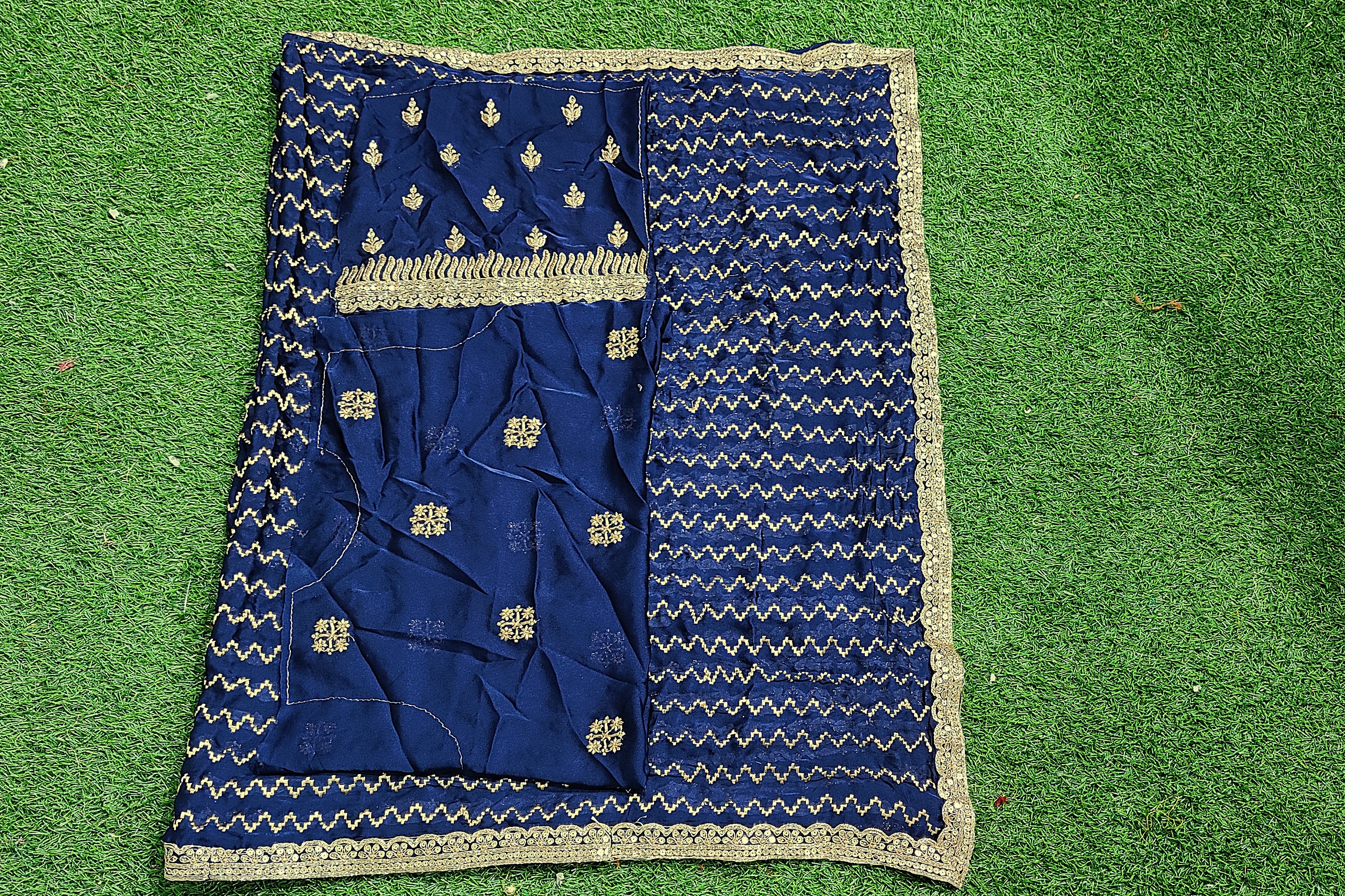 Navy Blue Saree In Satin With Embroidery Work