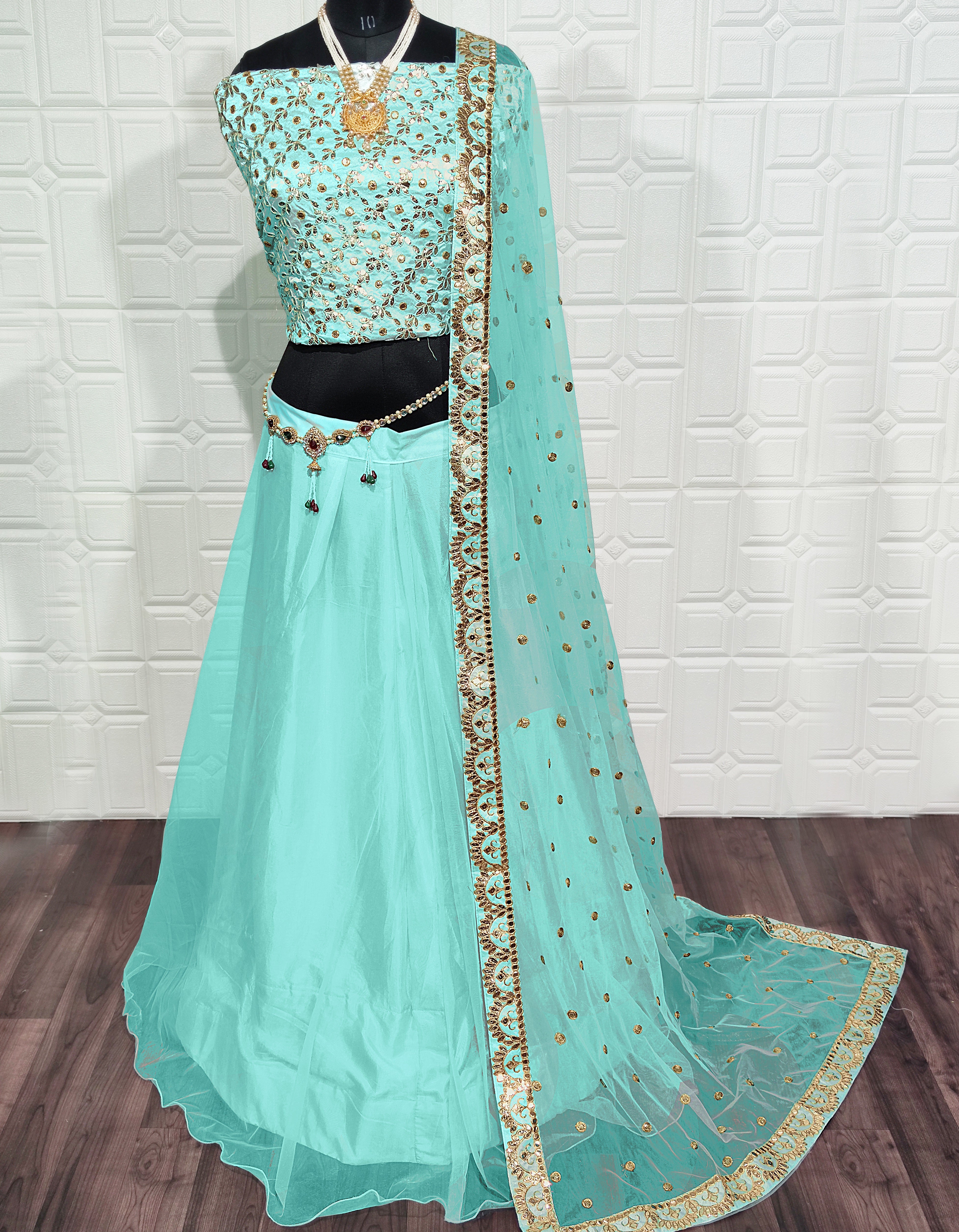 Sea Green Lehenga Choli In Nylon Mono Net