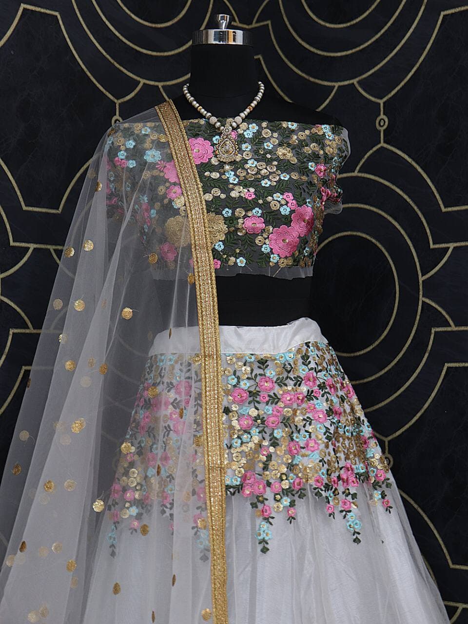 White Lehenga Choli In Nylon Mono Net With Embroidery Work