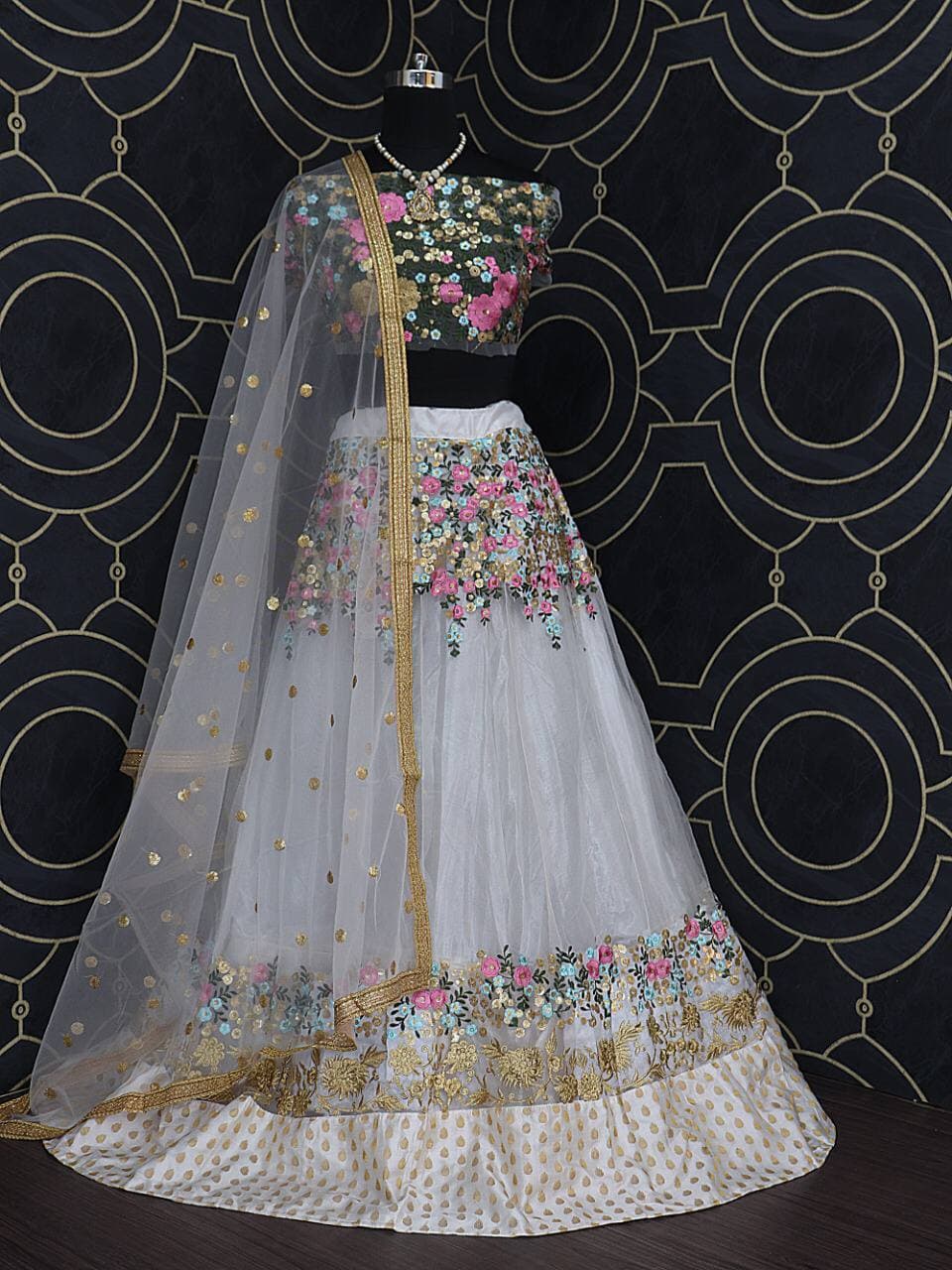 White Lehenga Choli In Nylon Mono Net With Embroidery Work