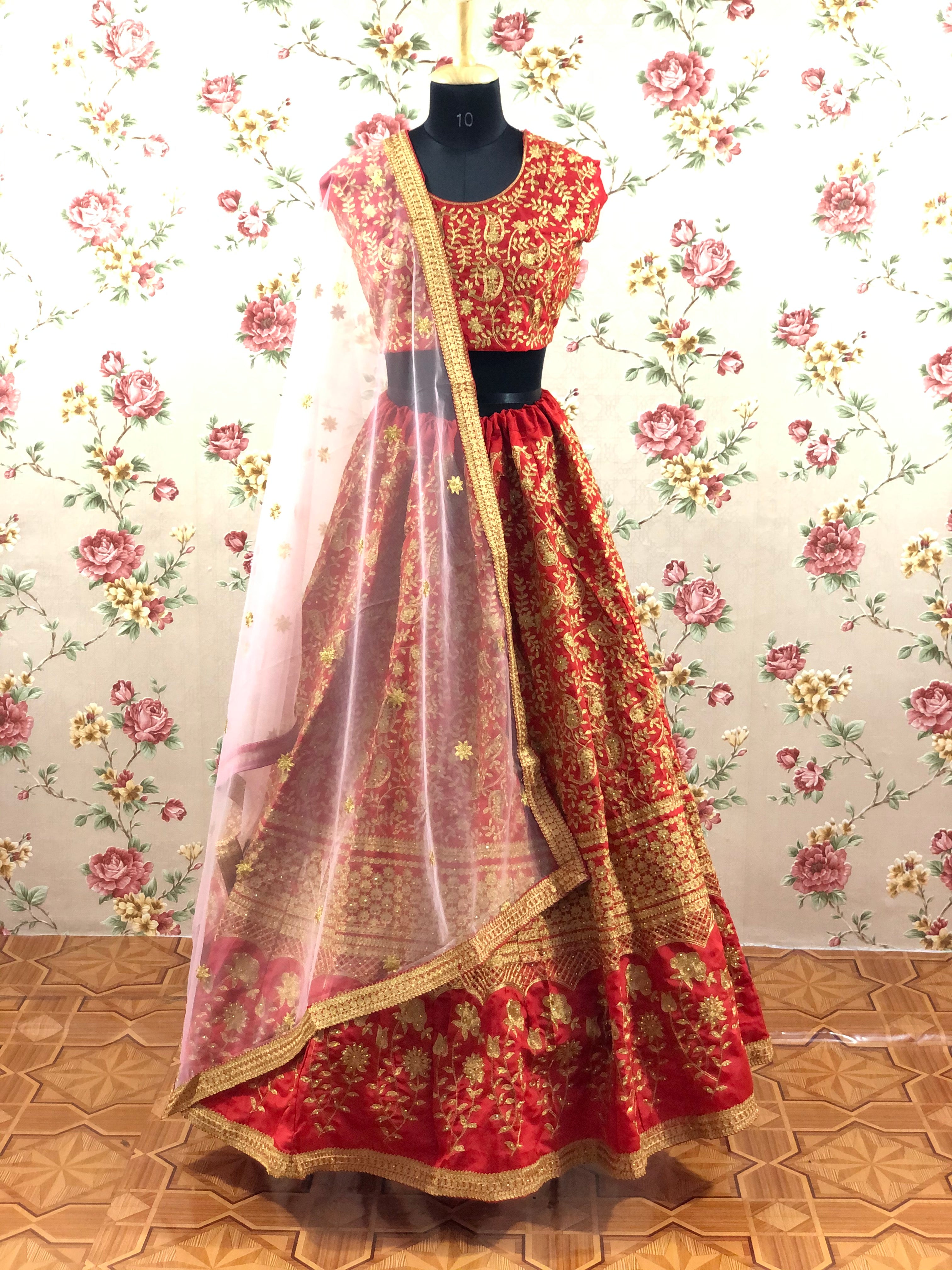 Red Lehenga Choli In Taffeta Silk With Embroidery Work