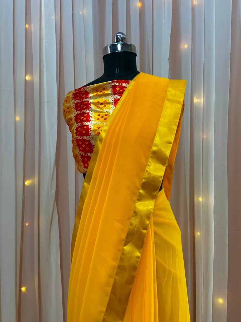 Mustard Yellow Saree In Georgette Silk With Plain