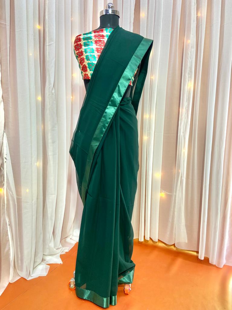 Bottle Green Saree In Georgette Silk With Plain