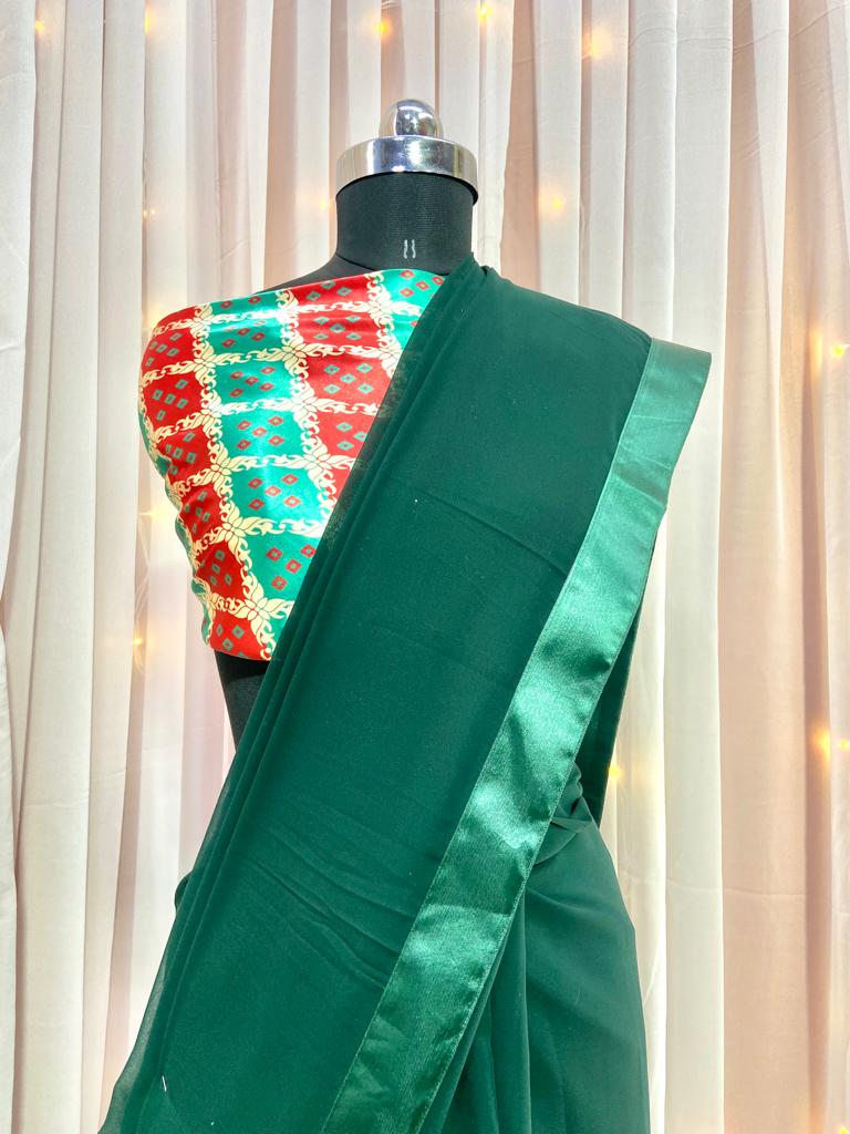 Bottle Green Saree In Georgette Silk With Plain