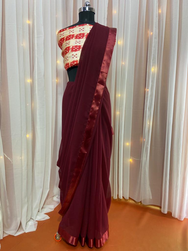 Maroon Saree In Georgette Silk With Plain