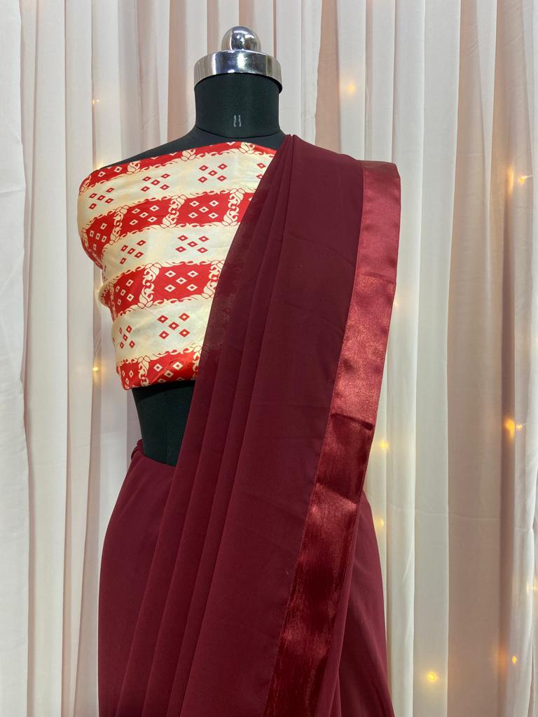 Maroon Saree In Georgette Silk With Plain