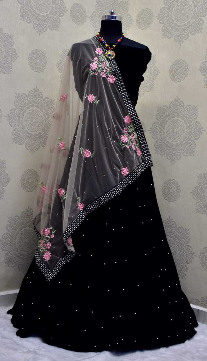 Black Lehenga Choli In Velvet With Pearl Work