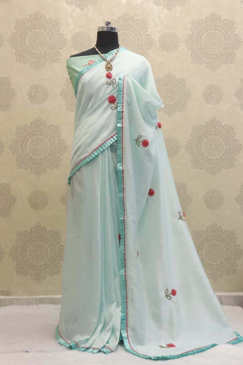 Sea Green Saree In Georgette Silk With Digital Print