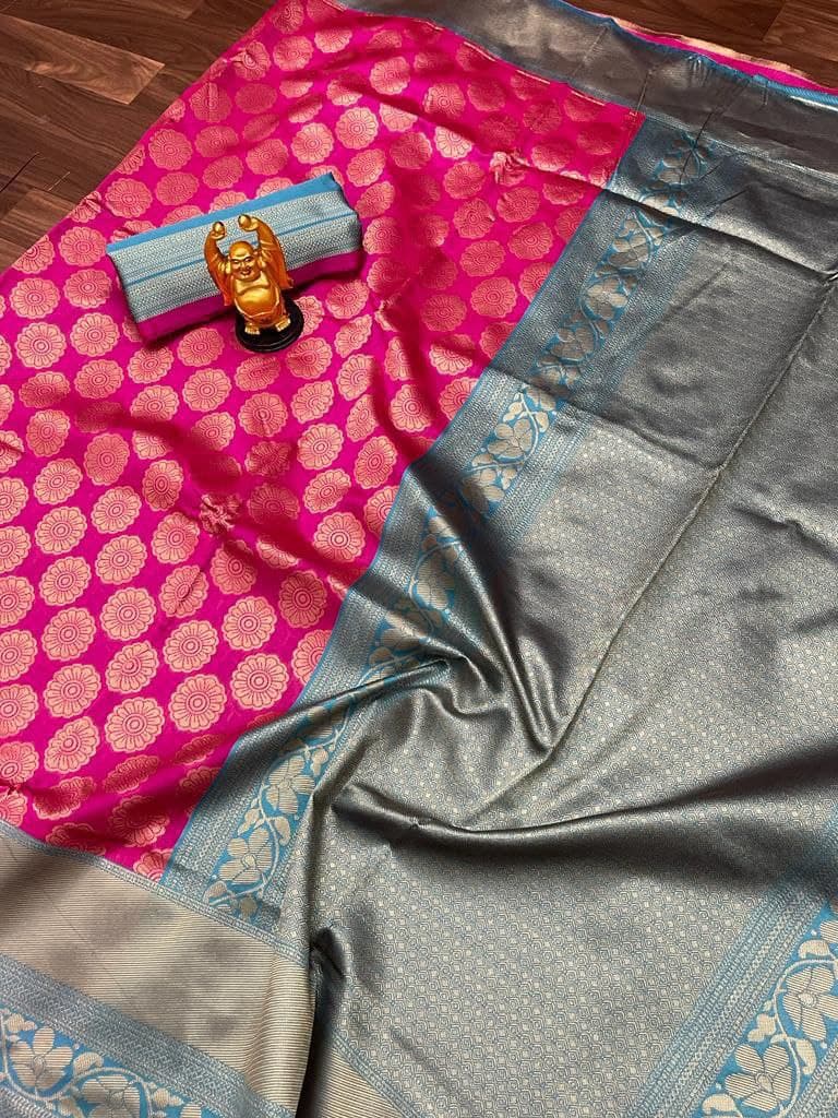 Magenta Lichi Silk Banarasi Saree