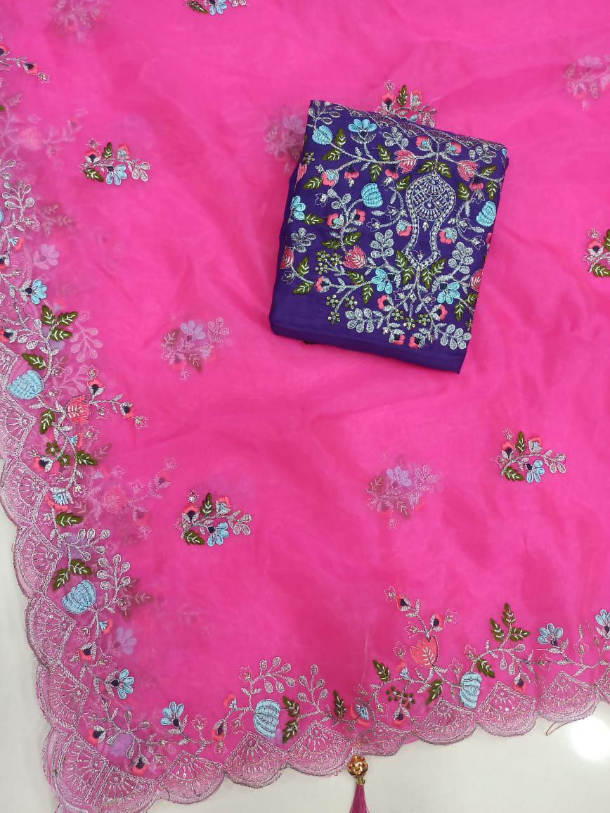 Magenta Saree In Organza Silk With Embroidery WorK